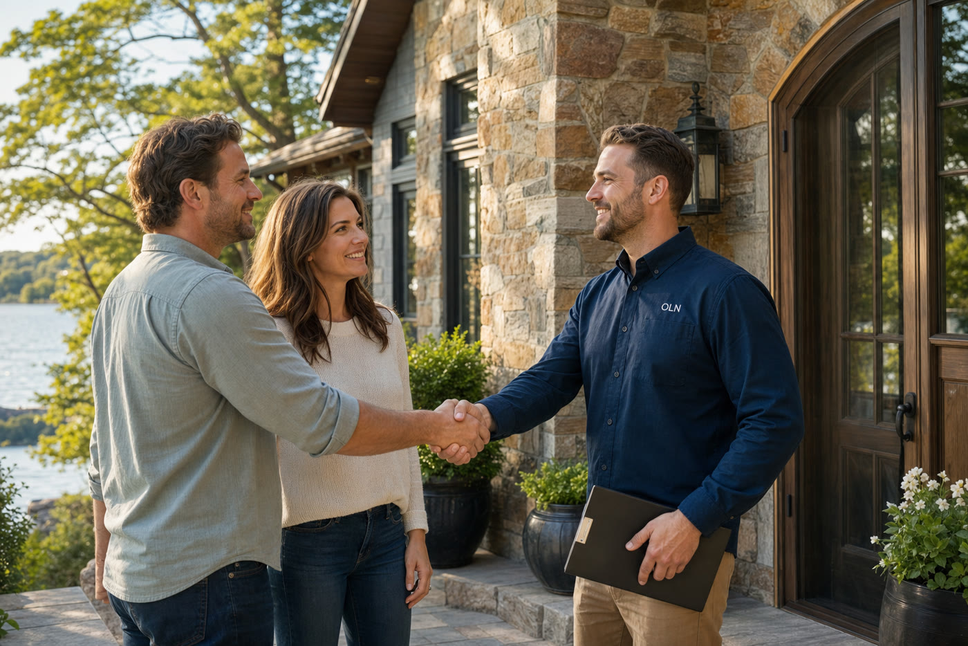 Homeowner couple shaking hands with a verified contractor on their front porch